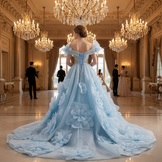 Luxury Baby Blue 2-in-1 Wedding Dress with Beaded & Detachable 3D Flower Overskirt