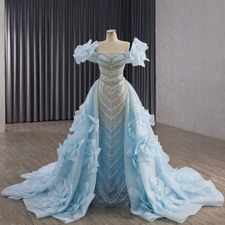 Luxury Baby Blue 2-in-1 Wedding Dress with Beaded & Detachable 3D Flower Overskirt