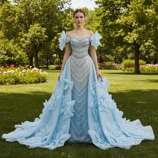 Luxury Baby Blue 2-in-1 Wedding Dress with Beaded & Detachable 3D Flower Overskirt