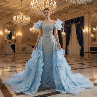 Luxury Baby Blue 2-in-1 Wedding Dress with Beaded & Detachable 3D Flower Overskirt