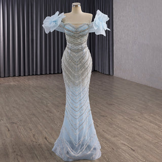 Luxury Baby Blue 2-in-1 Wedding Dress with Beaded & Detachable 3D Flower Overskirt