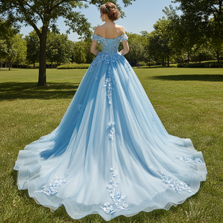 Off the Shoulder 3D Flowers Blue Wedding Dress