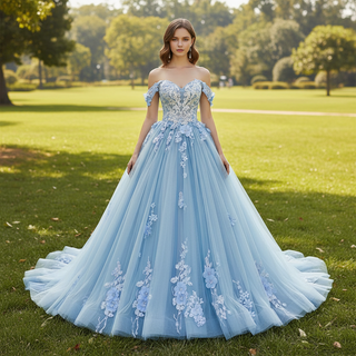 Off the Shoulder 3D Flowers Blue Wedding Dress