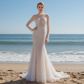 Mermaid Lace Wedding Dresses with High Neck Long Sleeves
