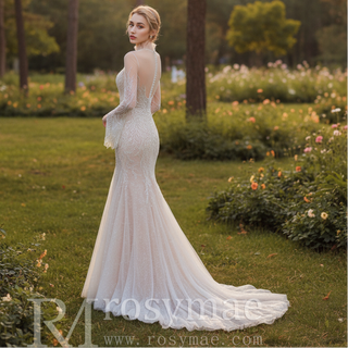 Mermaid Lace Wedding Dresses with High Neck Long Sleeves