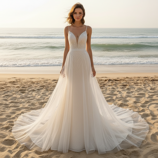 Backless Mermaid Wedding Dress with Spaghetti Straps & Train