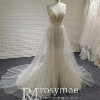 Backless Mermaid Wedding Dress with Spaghetti Straps & Train