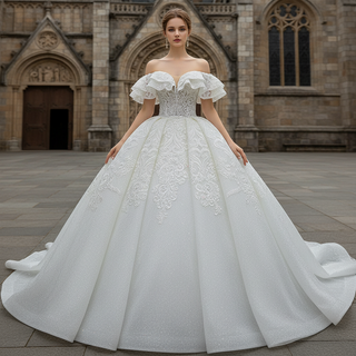 Popular Off the Shoulder Lace Ball Gown Wedding Dress