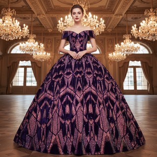 Purple Sequins Off The Shoulder Ball Gown Quinceanera Dresses