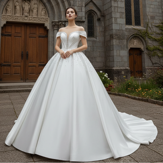 Satin Ball Gown Off the Shoulder Wedding Dress with Pearls