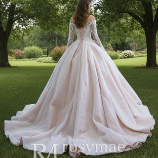 Luxury Beaded Blush Ball Gown Wedding Dress with Long Sleeves