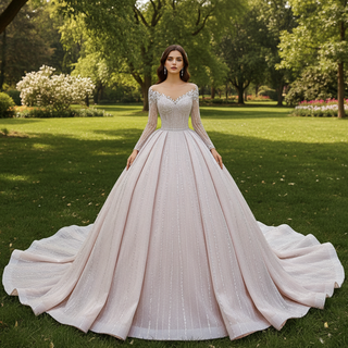 Luxury Beaded Blush Ball Gown Wedding Dress with Long Sleeves