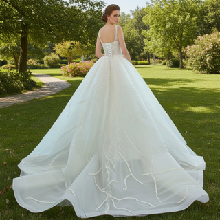 Square Neck Sparkly Lace A-line Wedding Dress with Leg Slit