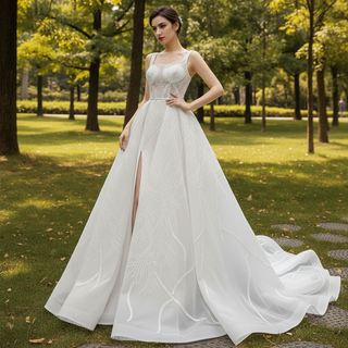 Square Neck Sparkly Lace A-line Wedding Dress with Leg Slit