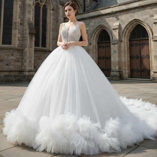 Luxury Beaded Tulle Ball Gown Wedding Dress with Spaghetti Straps