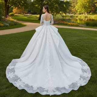 Vintage Ball Gown Lace Ruffle Wedding Dress with Sheer Long Sleeves