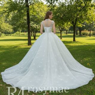 Vintage High Neck Beaded Wedding Dress Floral Lace Bridal Gown