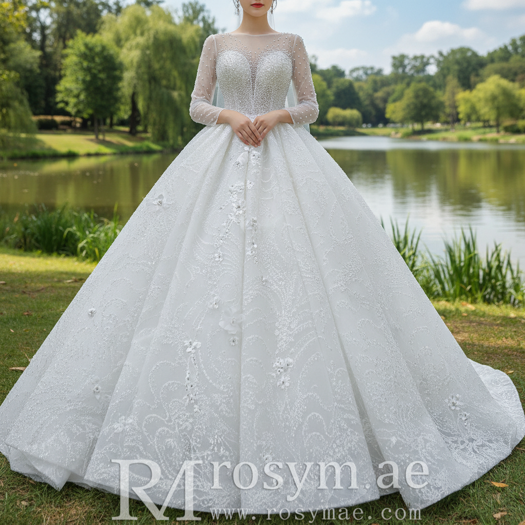 Sparkly 3D Flower Princess Wedding Dress with Long Sheer Sleeves Rosymae Sparkly 3D Flower Princess Wedding Dress with Long Sheer Sleeves Rosymae