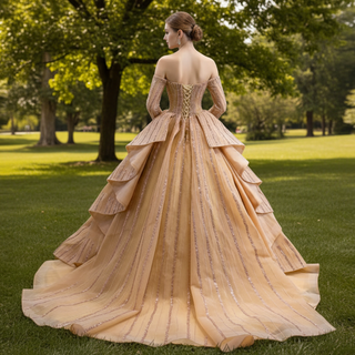 Beaded Ball Gown Long Sleeve Wedding Dress with Off the Shoulder