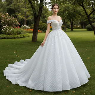 Ball Gown Off the Shoulder Wedding Gown Beaded Pearl Wedding Dress