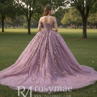 Beaded Floral Wedding Dress with Off the Shoulder Quinceanera Gown