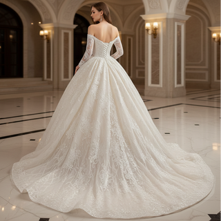 Elegant Off the Shoulder Lace Ball Gown Wedding Dress with Long Sleeves