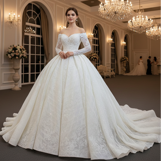 Elegant Off the Shoulder Lace Ball Gown Wedding Dress with Long Sleeves