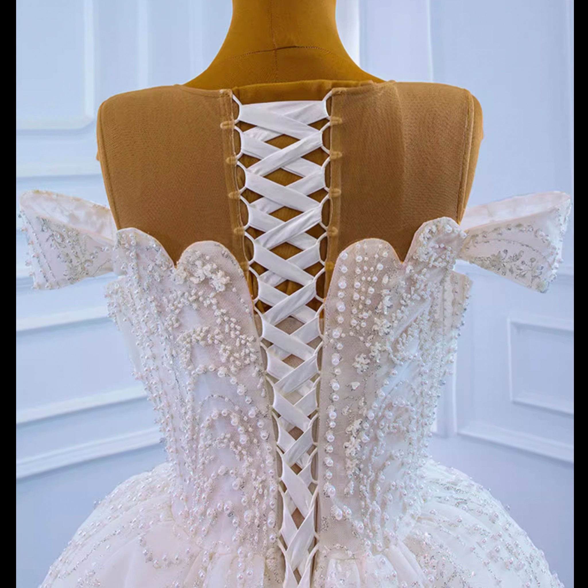 Off the Shoulder Sparkly Pearl Beaded Wedding Dress with High Back White / 26W Off the Shoulder Sparkly Pearl Beaded Wedding Dress with High Back White / 26W