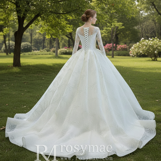 Long Sleeve Lace Puffy Wedding Dress Vintage Ball Gown