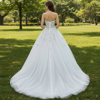 Strapless Beaded Star Wedding Dress Sheer A-line Bridal Gown