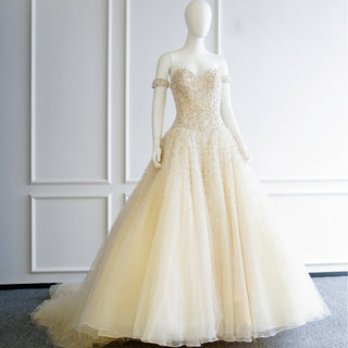 Pale Yellow Strapless Bling Wedding Dress with Vneck