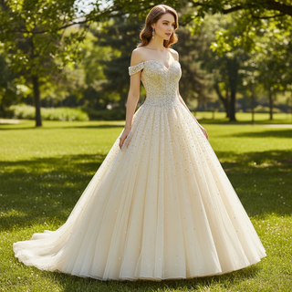Robe de mariée bling sans bretelles jaune pâle avec chérie