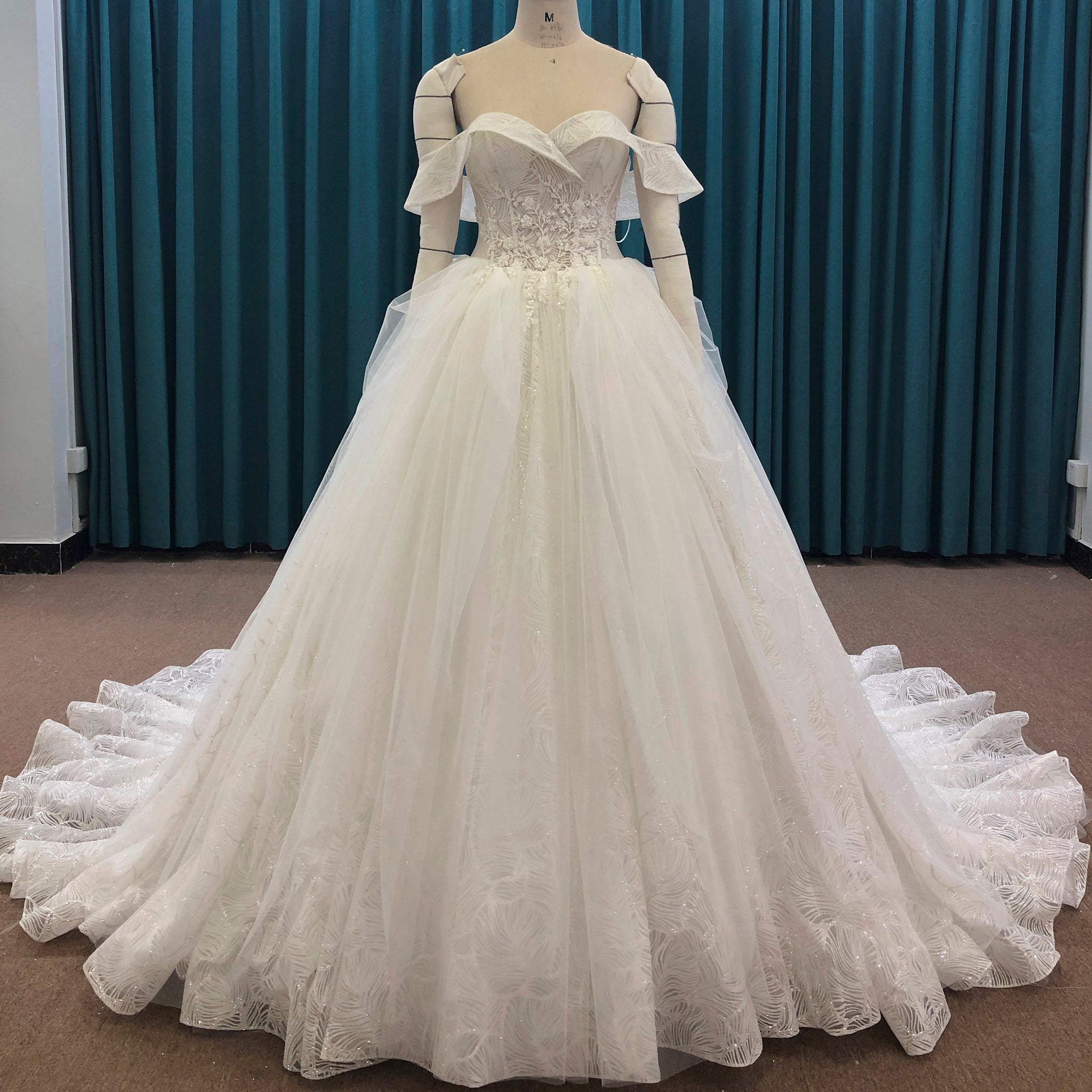 Princess Luxury Big Train Ball Gown Wedding Dress with Off Shoulder Ivory / 2 Princess Luxury Big Train Ball Gown Wedding Dress with Off Shoulder Ivory / 2