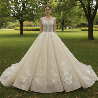 Elegant Princess Luxury Ball Gown Wedding Dress with Sheer Bodice