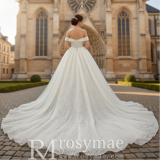 Princess Luxury Big Train Ball Gown Wedding Dress with Off Shoulder