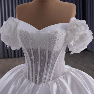 Off the Shoulder Ball Gown Basque Waist Wedding Dress with 3D Flowers