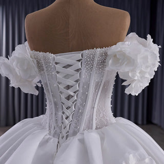 Off the Shoulder Ball Gown Basque Waist Wedding Dress with 3D Flowers