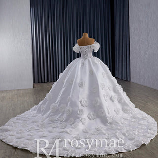 Off the Shoulder Ball Gown Basque Waist Wedding Dress with 3D Flowers