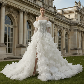 Sweetheart Wedding Gown with Cascading Ruffles and Detachable Sleeves