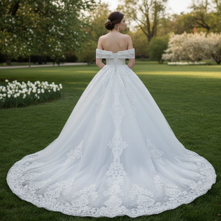 Off the Shoulder Ballgown Wedding Dress with Lace Appliqued