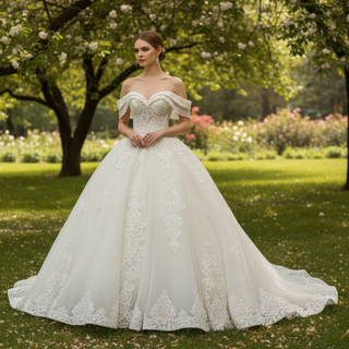 Off the Shoulder Ballgown Wedding Dress with Lace Appliqued