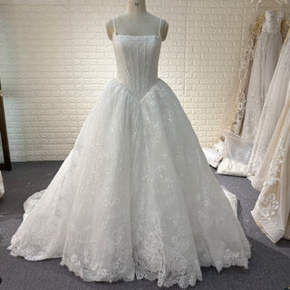 Spaghetti Straps Basque Waist Ball Gown Wedding Dress with Square Neckline