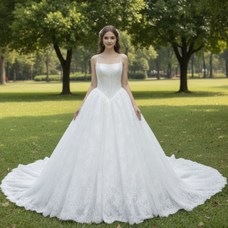 Spaghetti Straps Basque Waist Ball Gown Wedding Dress with Square Neckline