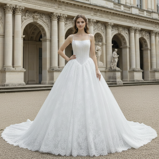 Spaghetti Straps Basque Waist Ball Gown Wedding Dress with Square Neckline