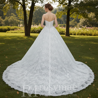 Spaghetti Straps Basque Waist Ball Gown Wedding Dress with Square Neckline