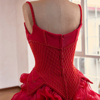 Red Beaded Basque Waist Prom Dress with Geometric Lattice Beadwork & Sculpted Ruffles