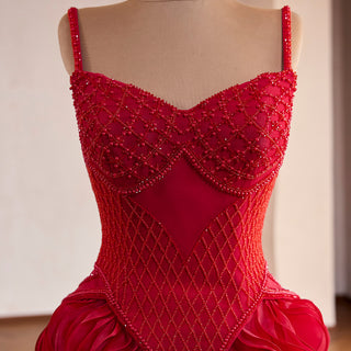 Red Beaded Basque Waist Prom Dress with Geometric Lattice Beadwork & Sculpted Ruffles