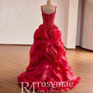 Red Beaded Basque Waist Prom Dress with Geometric Lattice Beadwork & Sculpted Ruffles