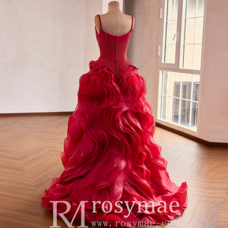 Red Beaded Basque Waist Prom Dress with Geometric Lattice Beadwork & Sculpted Ruffles