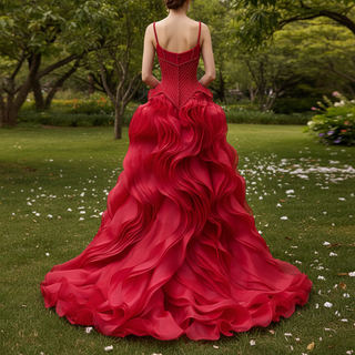 Red Beaded Basque Waist Prom Dress with Geometric Lattice Beadwork & Sculpted Ruffles
